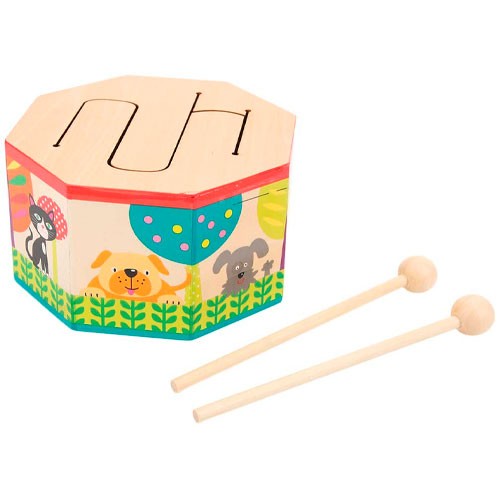 Pssopp Tambor de Juguete Musical de Madera de Mano Mini Instrumento de percusión Tambor Montessori Instrumento de percusión con 2 mazos para bebé Regalo para niños